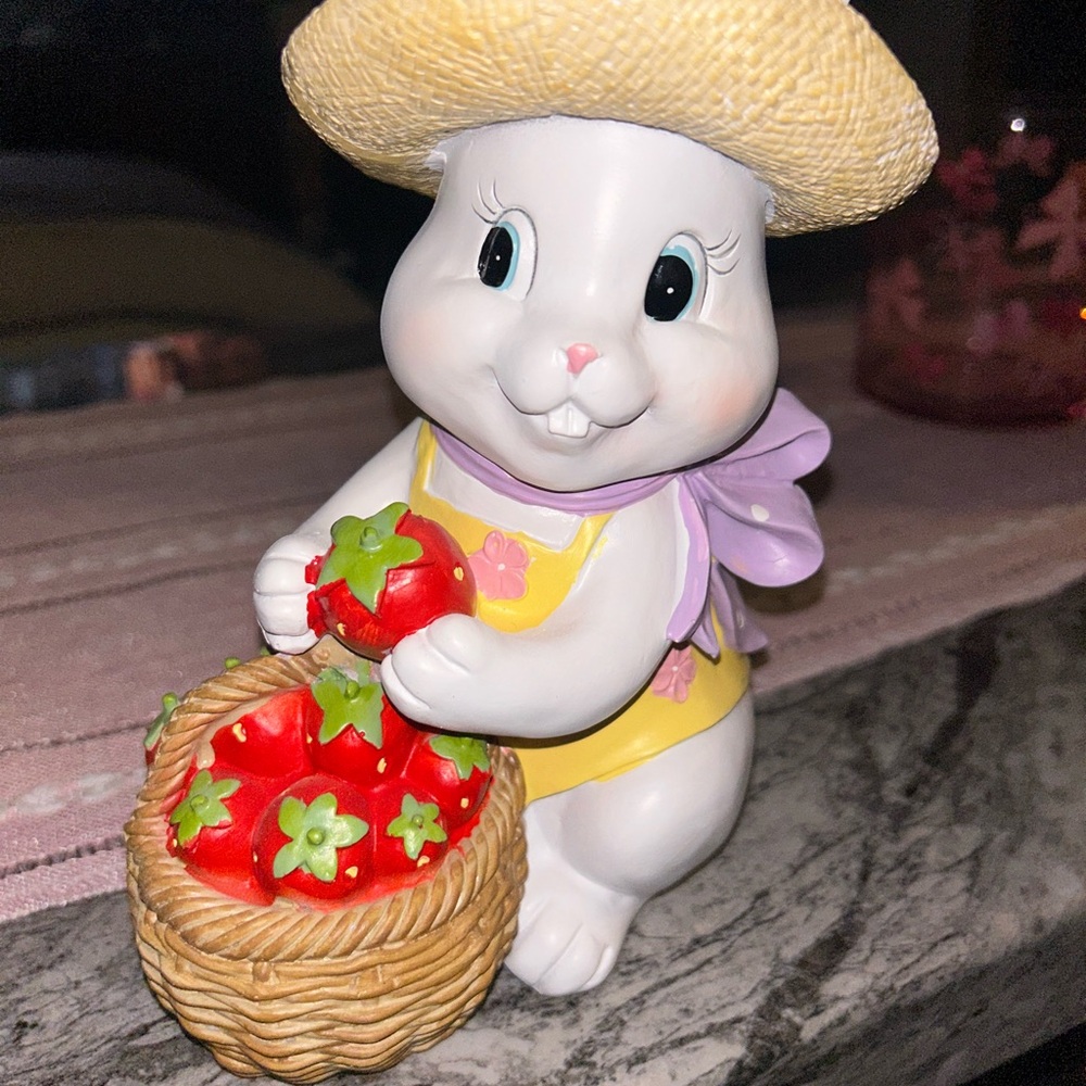 Cheerful easter white Rabbit Figurine with Basket of strawberries!